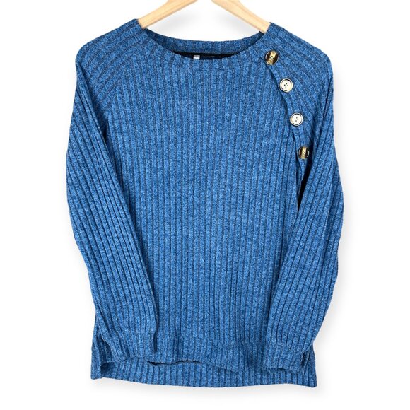Ribbed Knit Sweater Women’s Small Blue Button Shoulder Long Sleeve Pullover Top - Picture 3 of 7